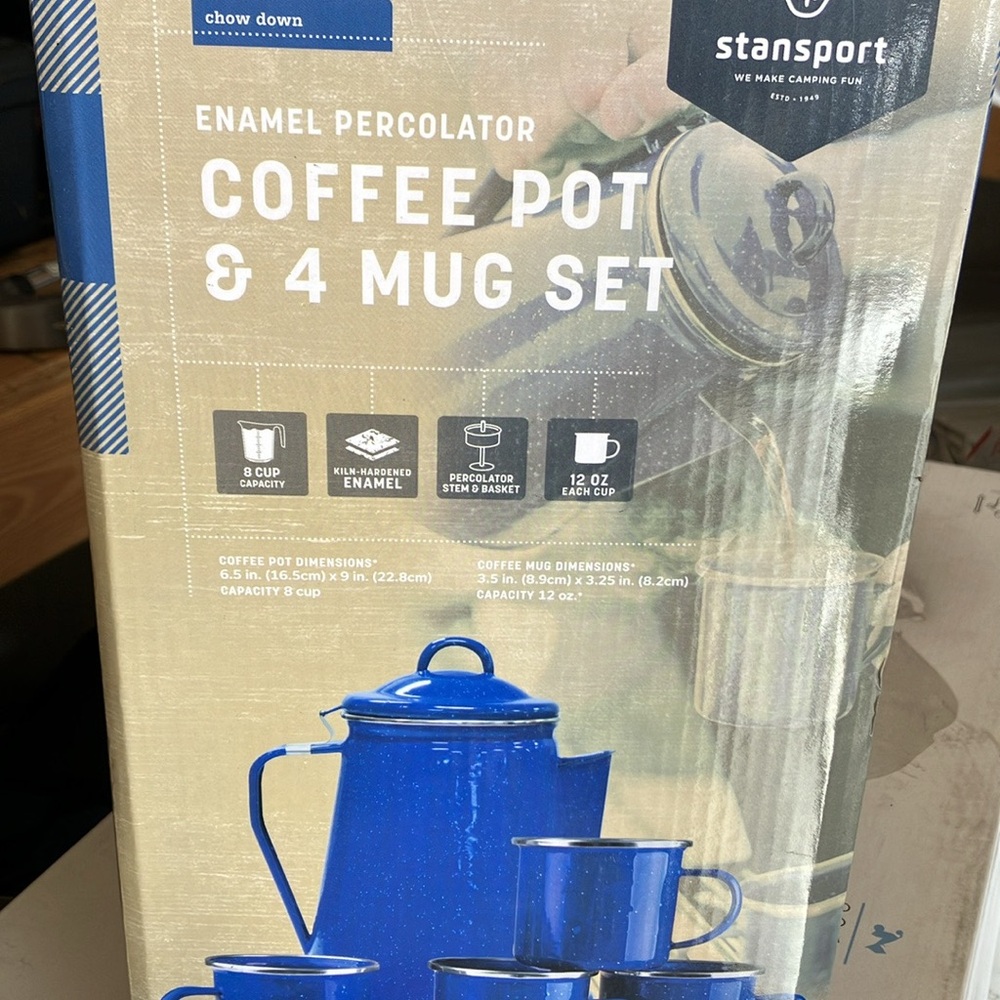 Blue Enamel Percolator Coffee Pot & Mug Set